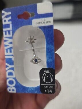 Blue Cubic Zirconia Evil Eye Silver Surgical Steel belly Button Ring With Star
